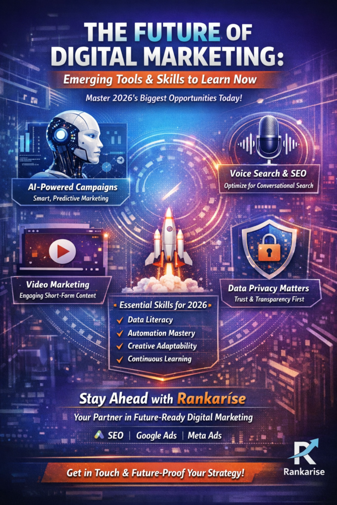 “Infographic showing the future of digital marketing in 2026 with AI-powered campaigns, voice search SEO, video marketing, data privacy, and essential skills, branded with Rankarise logo.”