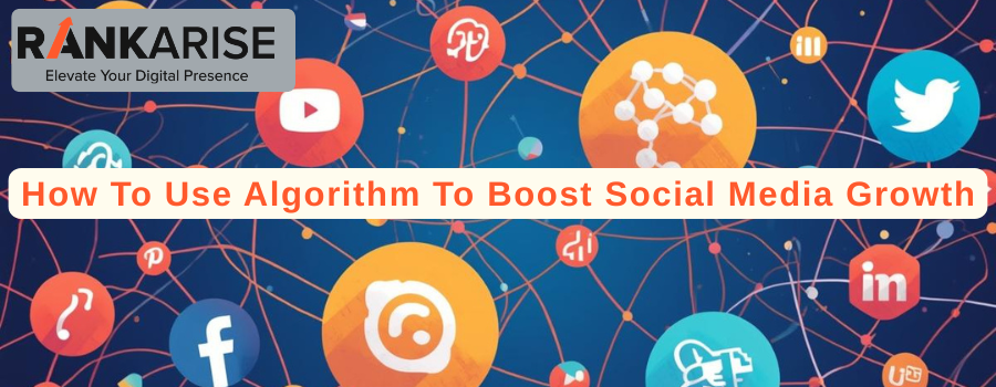 Illustration of social media icons connected by network lines representing algorithm-based social media growth.