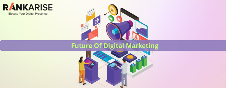 Illustration showing the future of digital marketing with people analyzing data dashboards, charts, and a megaphone representing online promotion.