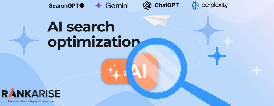 AI Search Optimization concept showing ChatGPT, Gemini, Perplexity, and SearchGPT with magnifying glass and AI text for RankArise blog.