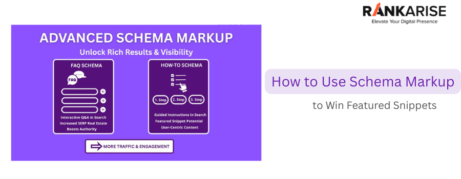 Graphic showing advanced schema markup types including FAQ schema and how-to schema to improve search visibility and featured snippet rankings