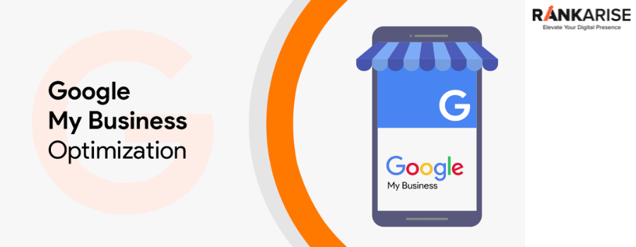 Illustration of Google My Business optimization showing a smartphone with Google Business listing for improving local SEO visibility.