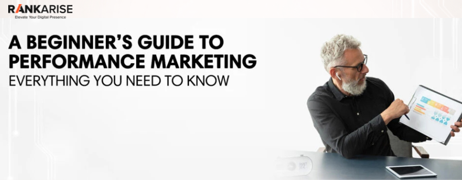 Man explaining performance marketing strategy on tablet with beginner guide banner text on off-white background