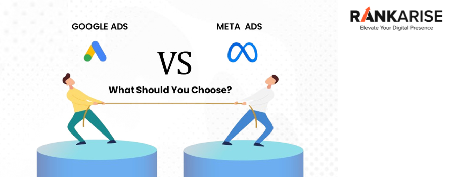 Illustration comparing Google Ads and Meta Ads showing two people pulling a rope, representing competition between advertising platforms for lead generation