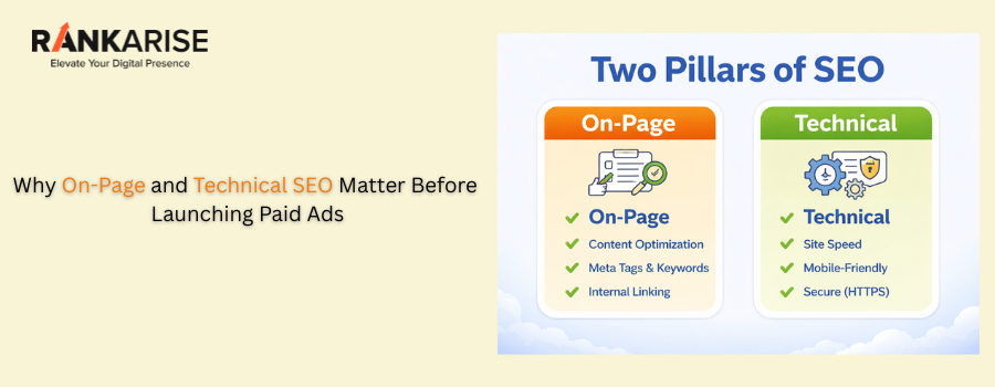 Illustration showing two pillars of SEO: On-Page SEO and Technical SEO, highlighting content optimization, site speed, mobile-friendliness, and secure website benefits