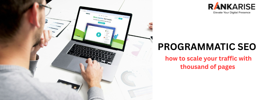 Person working on a laptop analyzing programmatic SEO strategy to scale website traffic using automated pages.