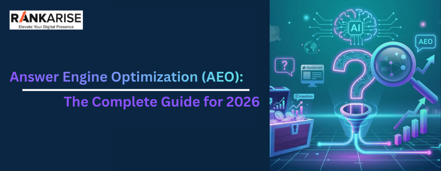 Answer Engine Optimization AEO complete guide 2026 with AI search concept, magnifying glass, and digital analytics illustration