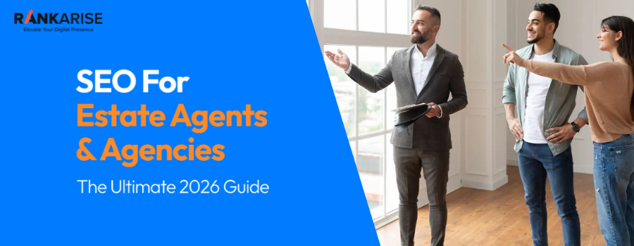 SEO for real estate agents and agencies 2026 guide banner with agents showing property to clients