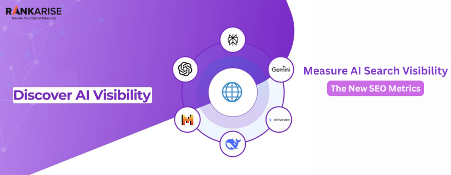 AI search visibility concept showing ChatGPT, Gemini, and AI tools around a global network illustrating modern SEO metrics