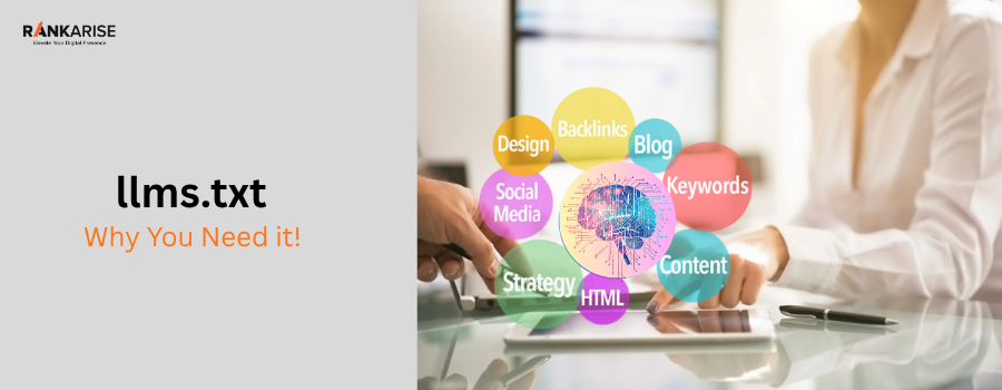 Illustration showing llms.txt importance with AI brain and digital marketing elements like SEO, content, keywords, backlinks, and social media