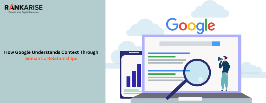 Google semantic SEO illustration showing search engine context understanding, semantic relationships in SEO, contextual relevance, entity-based SEO, and semantic search optimization on desktop and mobile devices.