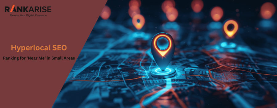Hyperlocal SEO concept showing digital map with glowing location pins highlighting “near me” search targeting in small areas