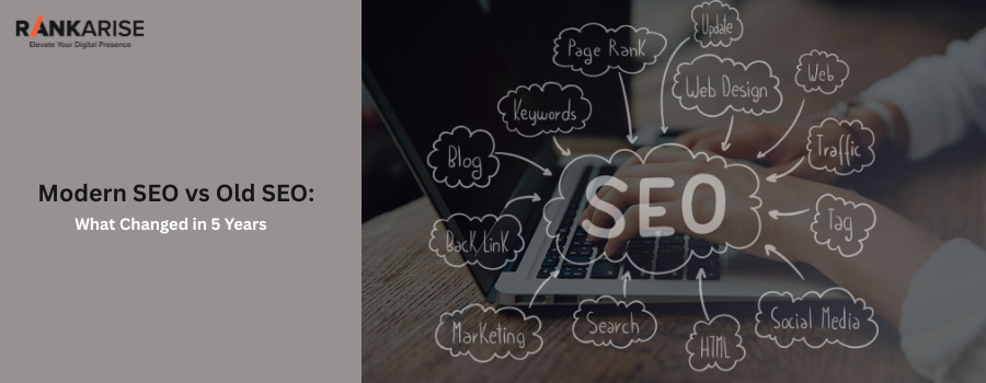 Modern SEO vs old SEO infographic showing outdated SEO tactics, keyword stuffing SEO, low quality backlinks, technical SEO, AI SEO optimization, search intent optimization, and modern Google SEO strategies around a laptop screen.