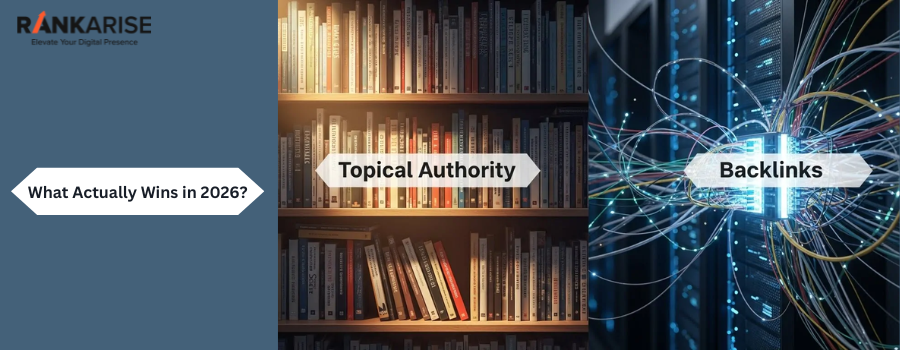 Topical Authority vs Backlinks comparison for SEO in 2026, showing books representing content depth and a server with connections representing backlinks.