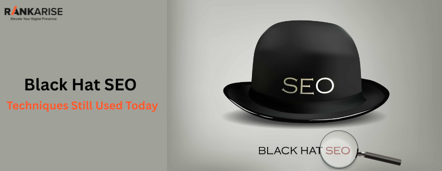 Black Hat SEO Techniques Still Used Today illustration featuring a black SEO hat, magnifying glass, and branding, highlighting outdated SEO practices, keyword stuffing, cloaking in SEO, spam backlinks, and harmful SEO tactics that can lead to Google SEO penalties.